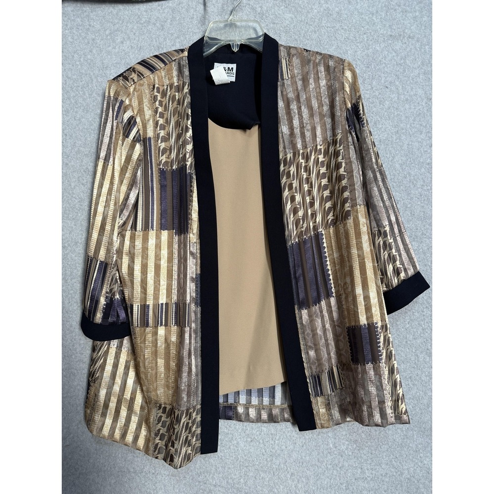 R&M Richards Jacket Womens 16 Multicolor Stripe Patchwork Open Front 3/4 Sleeve